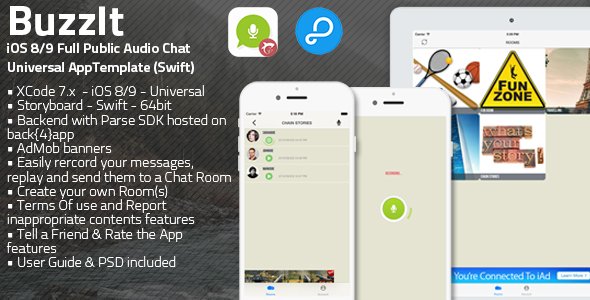 45938  Buzz It | iOS 8/9 Universal Public Audio Chat App (Swift)