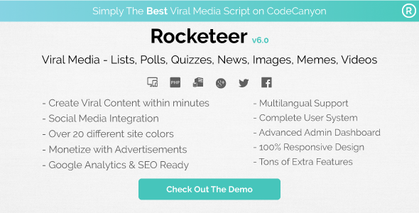 46315  Rocketeer v6.0 - Viral Media Lists, Polls, Quizzes, News, and Videos