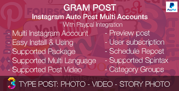 46445  Gram Post - Instagram Auto Post Multi Accounts with Paypal integration