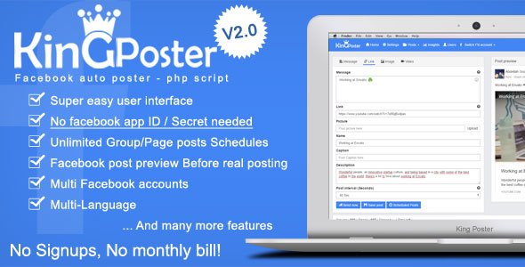 47155  King poster v2.2.3 - Facebook multi Group / Page auto post - PHP script
