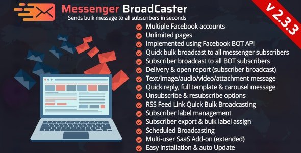 51844  Messenger Broadcaster - A Bot Inboxer Add-on : Send Bulk Message to Facebook Messenger Subscr