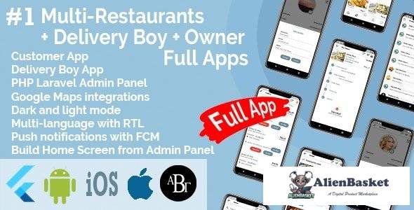 58300  Multi-Restaurants Flutter App + Delivery Boy App + Owner App + PHP Laravel Admin Panel + Web 